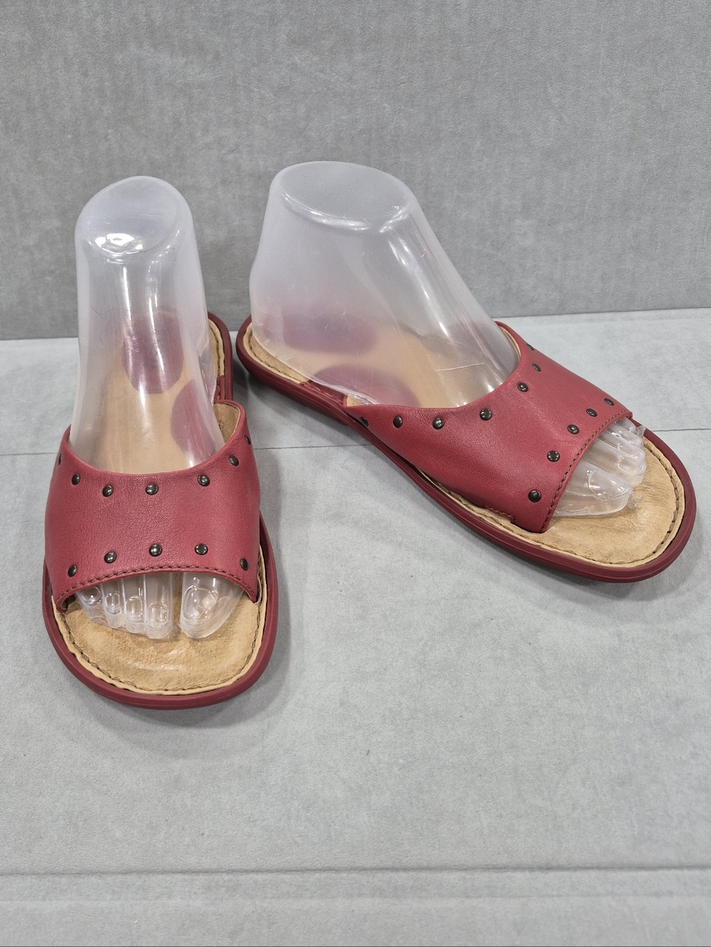 Born slide sandals women's 7M pinkish red leather upper and lining stud detail